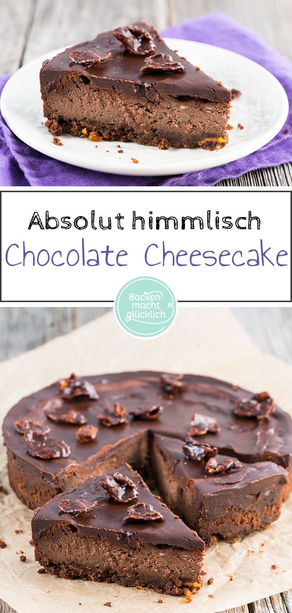 Dieser Chocolate Cheesecake ist köstlich! Der Knusperboden macht den Schokoladen-Käsekuchen so besonders.