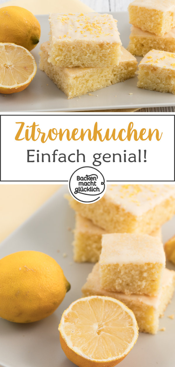 Einfaches Zitronenkuchen-Rezept, das auch Anfänger leicht nachbacken können. Der Zitronenblechkuchen ist sehr saftig und hält mehrere Tage frisch.