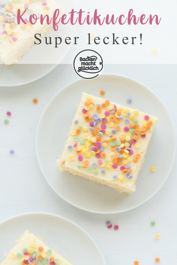 Dieser schnelle Konfetti-Kuchen ist ein echter Hingucker für Kindergeburtstage oder Fasching. Der einfache Limokuchen schmeckt mit Zuckerguss oder opulentem Frosting. Wer mag, kann zusätzlich Zuckerstreusel in den Teig des Funfettikuchens geben. Mit buntem Konfetti ist der Limokuchen der perfekte Faschingskuchen bzw Karnevalskuchen