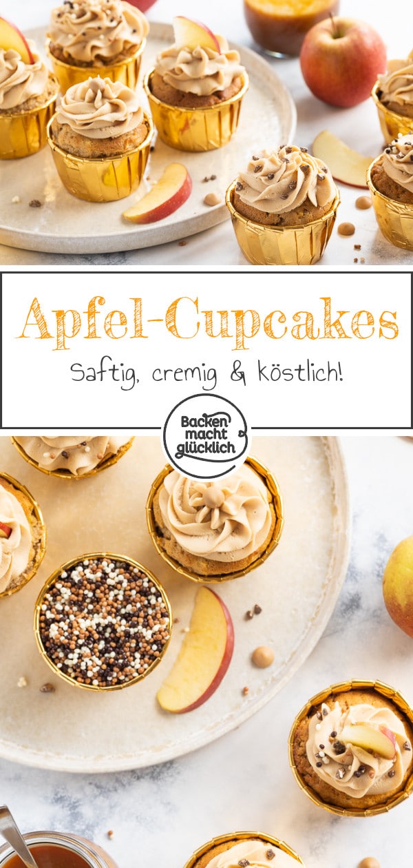 Einfache Apfel-Cupcakes mit Karamell-Frosting: Dieses Herbst-Rezept ist wirklich genial. Die Karamell-Cupcakes werden super saftig und lecker!