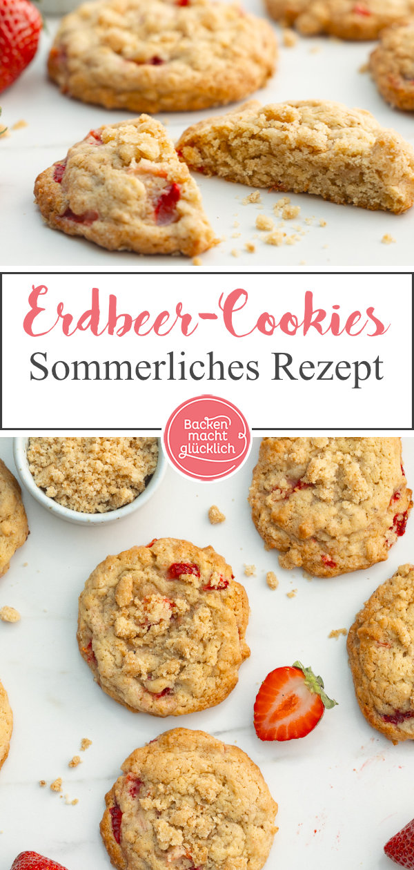 Sommerliche Erdbeer-Cookies mit Streuseln und frischen Früchten. Genial lecker. Am besten gleich nachbacken!