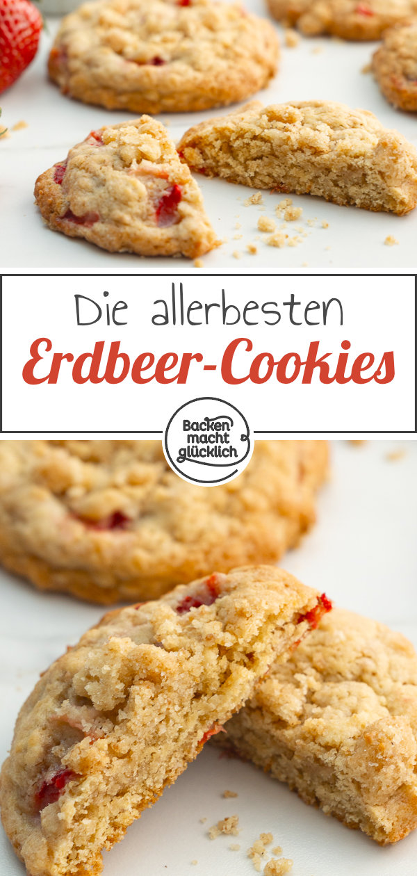 Sommerliche Erdbeer-Cookies mit Streuseln und frischen Früchten. Genial lecker. Am besten gleich nachbacken!