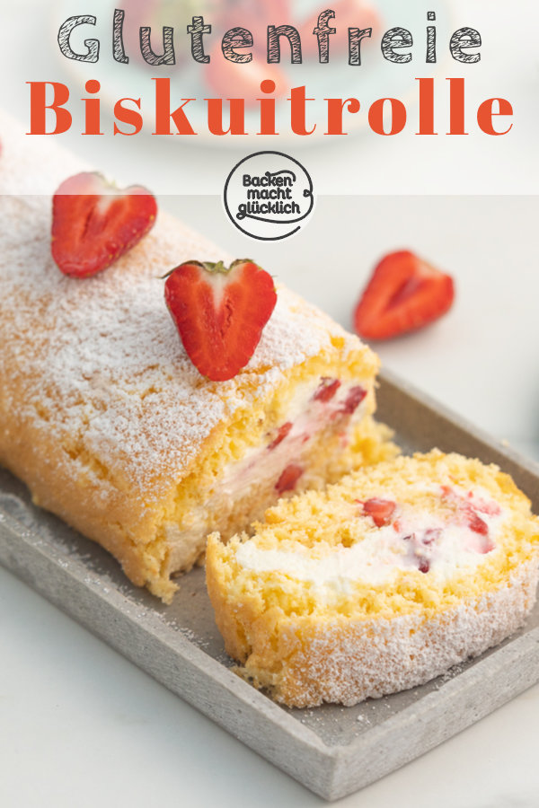 Grundrezept für eine himmlische glutenfreie Biskuitrolle mit Obst. Diese Biskuitroulade ohne Gluten gelingt garantiert!