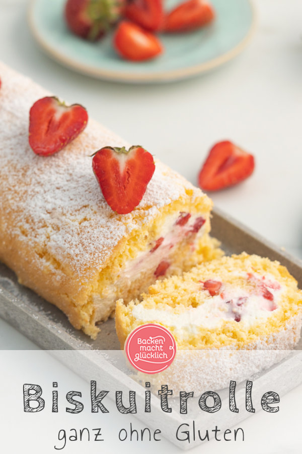 Grundrezept für eine himmlische glutenfreie Biskuitrolle mit Obst. Diese Biskuitroulade ohne Gluten gelingt garantiert!