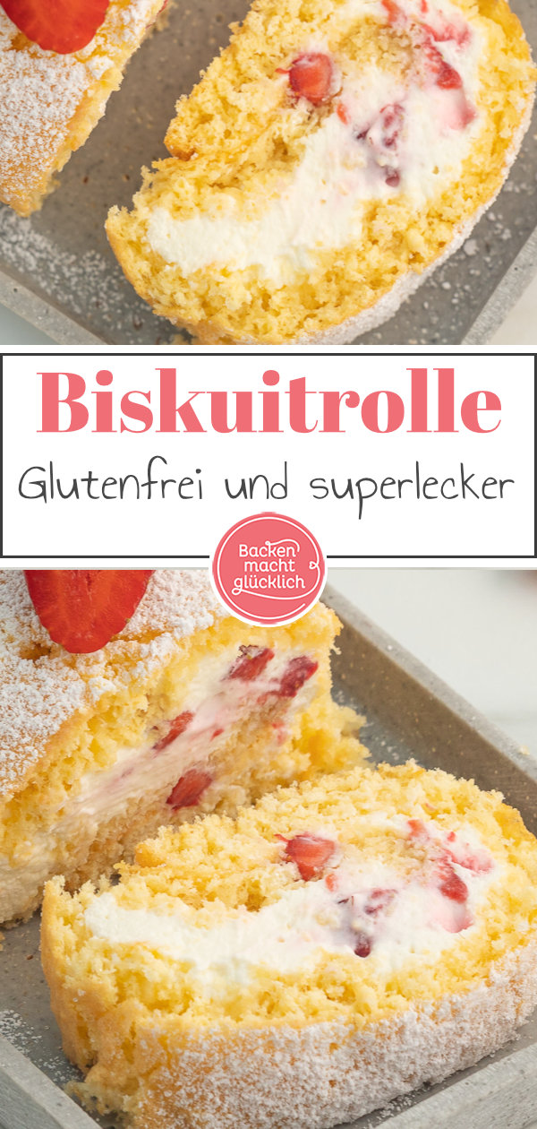 Grundrezept für eine himmlische glutenfreie Biskuitrolle mit Obst. Diese Biskuitroulade ohne Gluten gelingt garantiert!