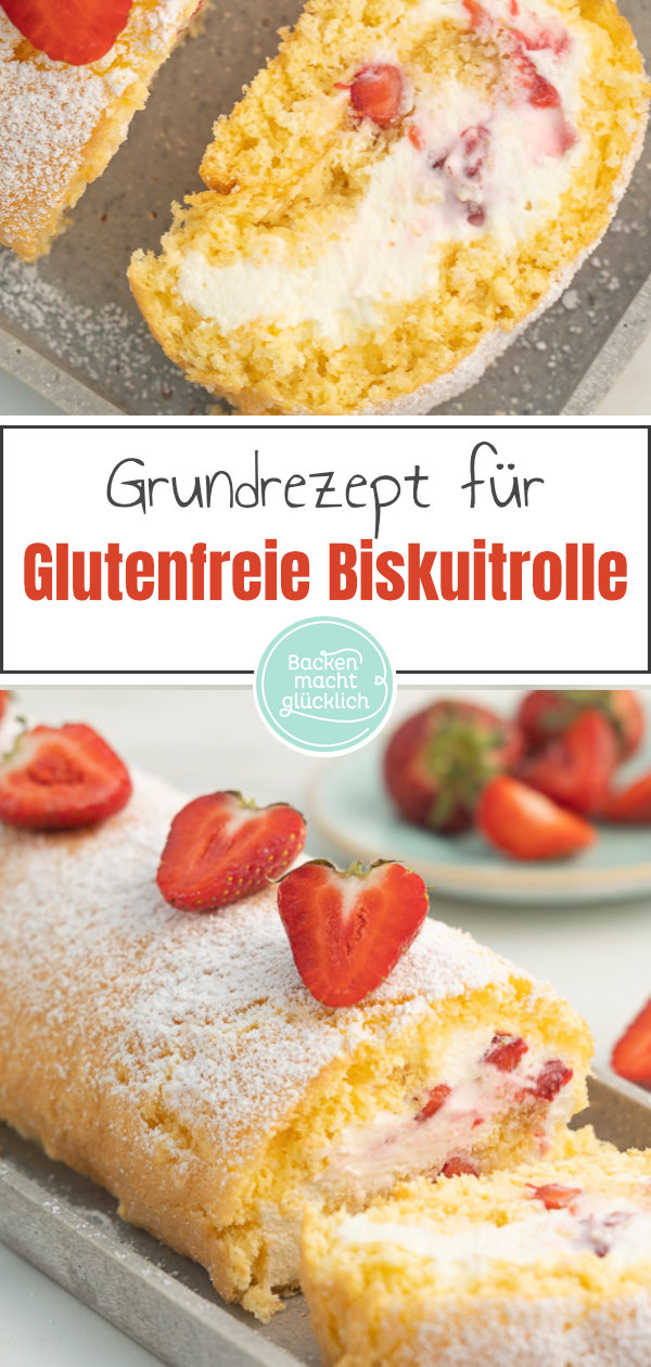 Grundrezept für eine himmlische glutenfreie Biskuitrolle mit Obst. Diese Biskuitroulade ohne Gluten gelingt garantiert!