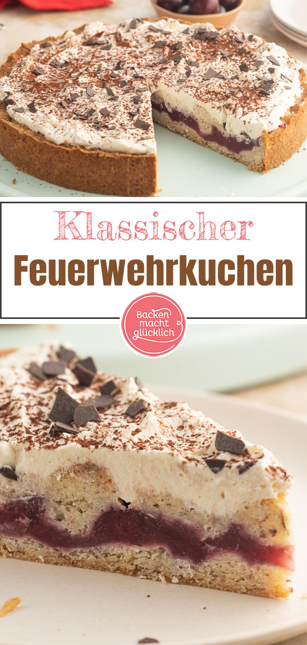 Dieser Feuerwehrkuchen kommt immer gut an! Die perfekte Kombi aus saftigem Teig, Kirsch-Puddingfüllung, Streuseln und Sahnehaube.