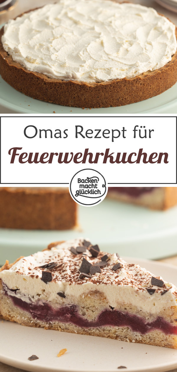 Dieser Feuerwehrkuchen kommt immer gut an! Die perfekte Kombi aus saftigem Teig, Kirsch-Puddingfüllung, Streuseln und Sahnehaube.