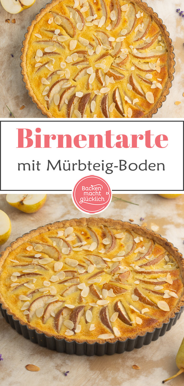 Diese Birnen-Tarte mit buttrigem Mürbeteigboden, Mandeln und Sahne-Guss schmeckt einfach fein ♥ Gleich testen!