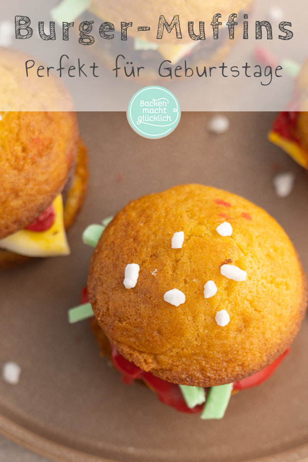 Süße Burger-Muffins (Mini Burger) sind ein toller Snack für Kindergeburtstage und Co: einfach zu machen, täuschend echt & lecker!