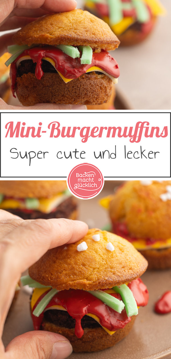 Süße Burger-Muffins (Mini Burger) sind ein toller Snack für Kindergeburtstage und Co: einfach zu machen, täuschend echt & lecker!