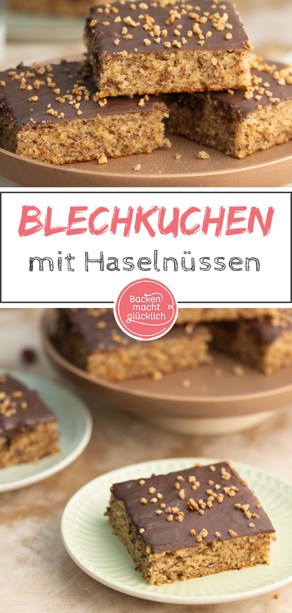 Einfacher, schneller und saftiger Nusskuchen vom Blech nach Omas Rezept. Diesen Blechkuchen mit Haselnüssen werdet ihr lieben!