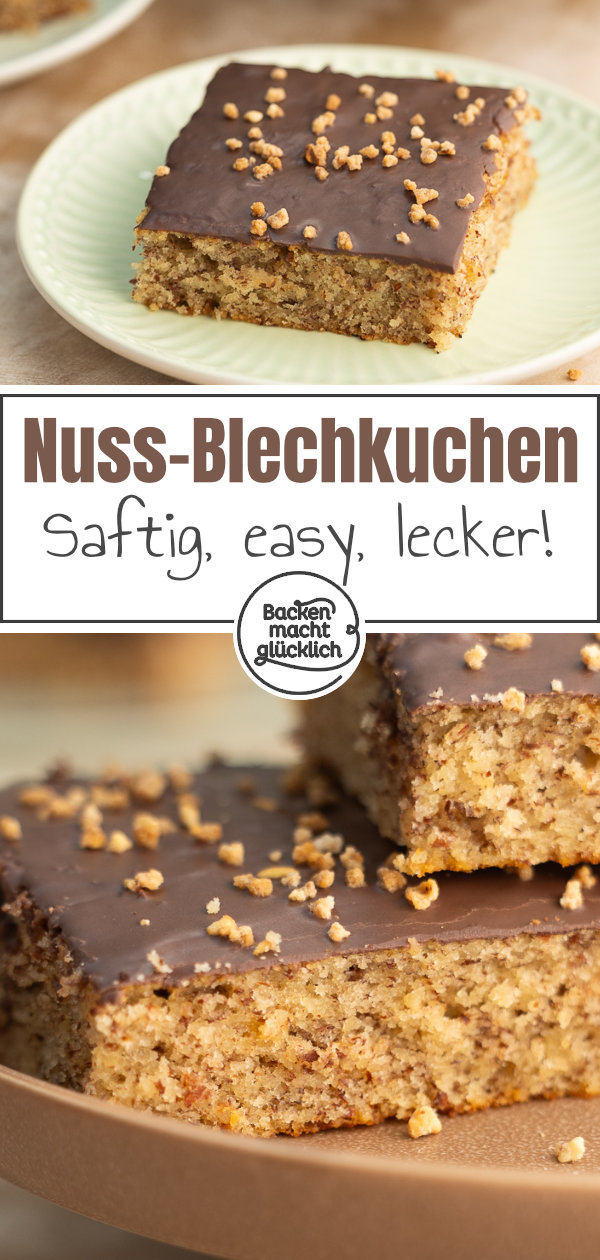 Einfacher, schneller und saftiger Nusskuchen vom Blech nach Omas Rezept. Diesen Blechkuchen mit Haselnüssen werdet ihr lieben!