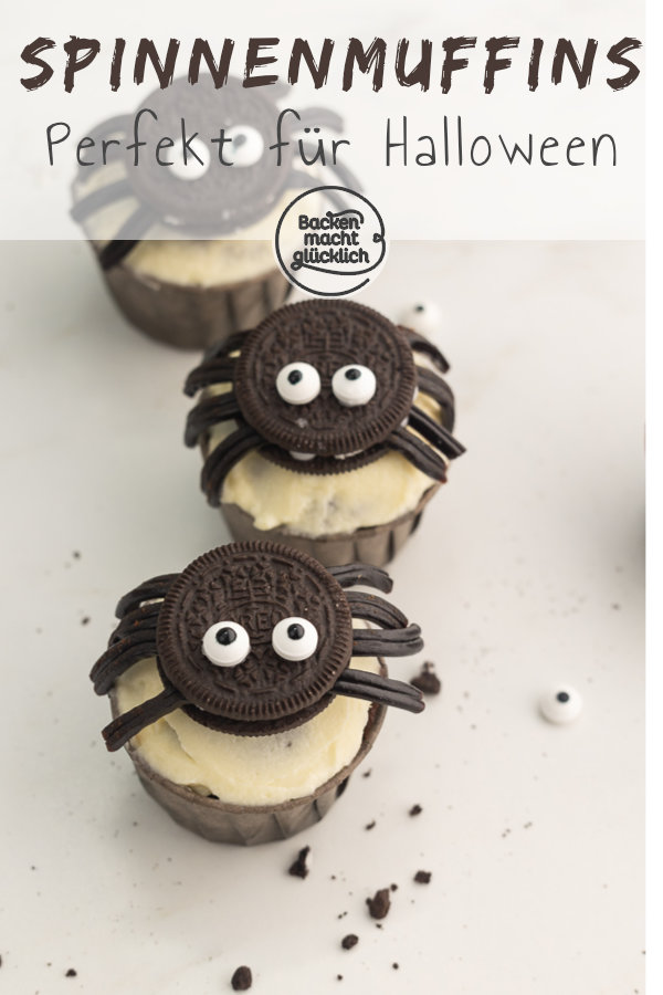 Einfache, witzige Spinnenmuffins für Halloween: wenig Aufwand, viel Effekt. Diese Halloweenmuffins kommen garantiert gut an!