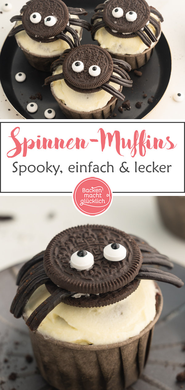 Einfache, witzige Spinnenmuffins für Halloween: wenig Aufwand, viel Effekt. Diese Halloweenmuffins kommen garantiert gut an!