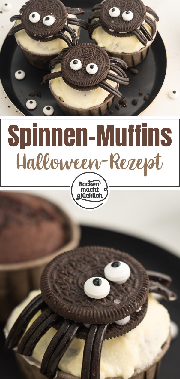 Einfache, witzige Spinnenmuffins für Halloween: wenig Aufwand, viel Effekt. Diese Halloweenmuffins kommen garantiert gut an!