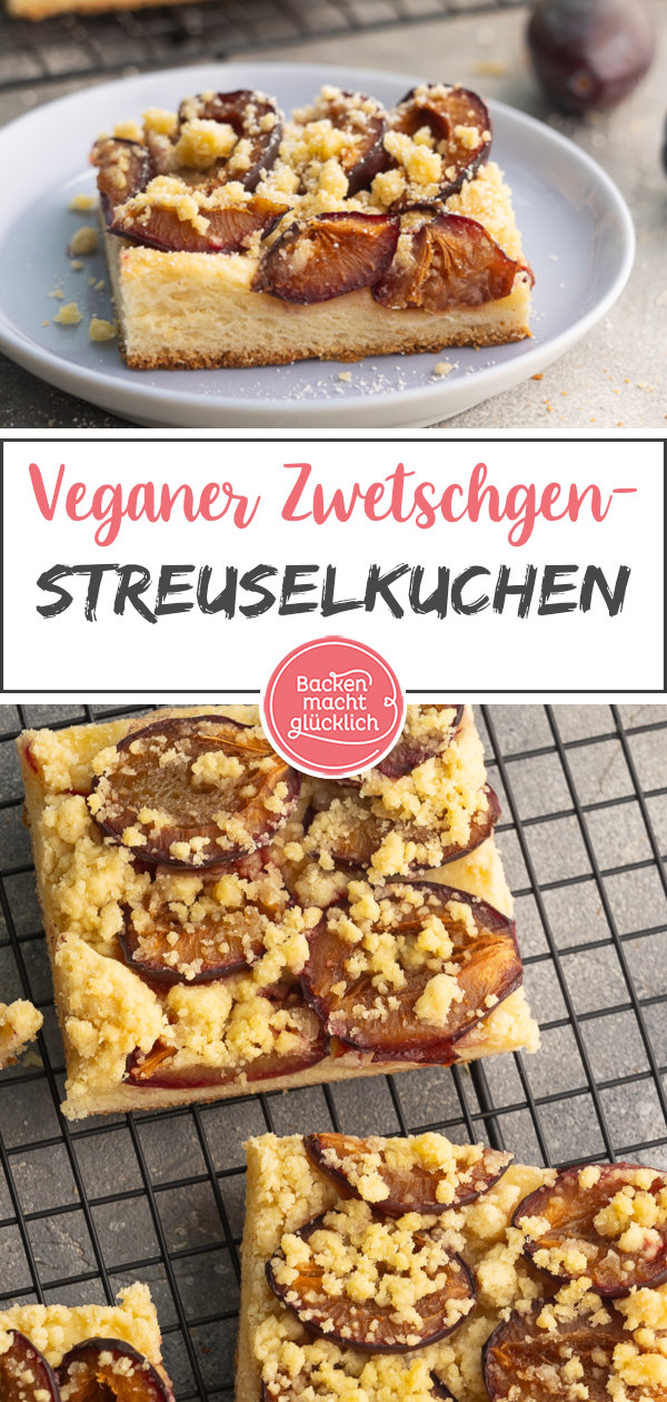 Himmlischer veganer Zwetschgenkuchen mit Streuseln und Hefeteig vom Blech ohne Ei, Butter, Milch. Gleich testen!