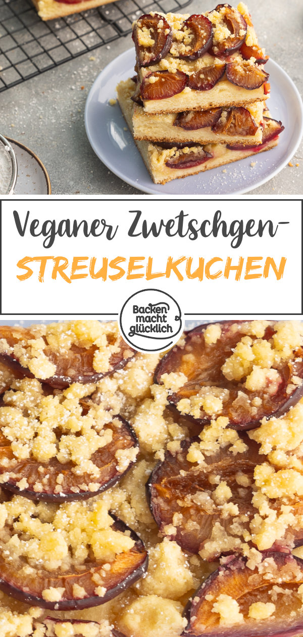 Himmlischer veganer Zwetschgenkuchen mit Streuseln und Hefeteig vom Blech ohne Ei, Butter, Milch. Gleich testen!