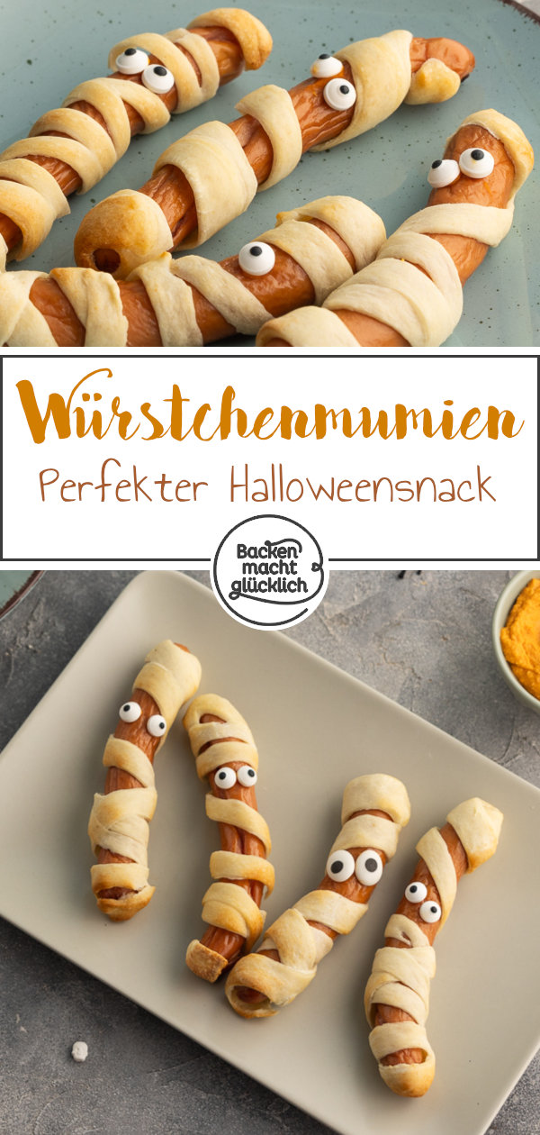 Einfache, blitzschnelle Würstchen-Mumien. Ein witziger herzhafter Snack für Halloween und Kinder-Partys.