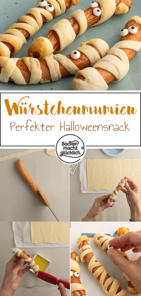 Einfache, blitzschnelle Würstchen-Mumien. Ein witziger herzhafter Snack für Halloween und Kinder-Partys.