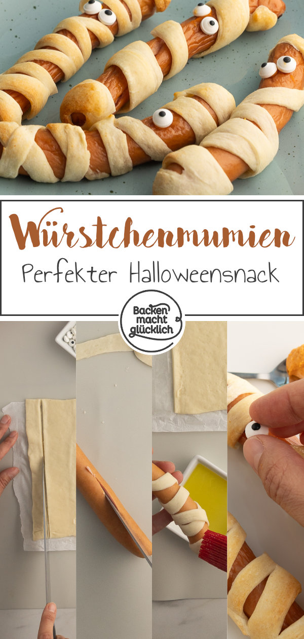 Einfache, blitzschnelle Würstchen-Mumien. Ein witziger herzhafter Snack für Halloween und Kinder-Partys.