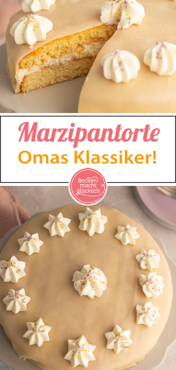 Omas Marzipantorte mit Biskuit und Marzipansahne ist aus gutem Grund so beliebt: einfach, fein & lecker.