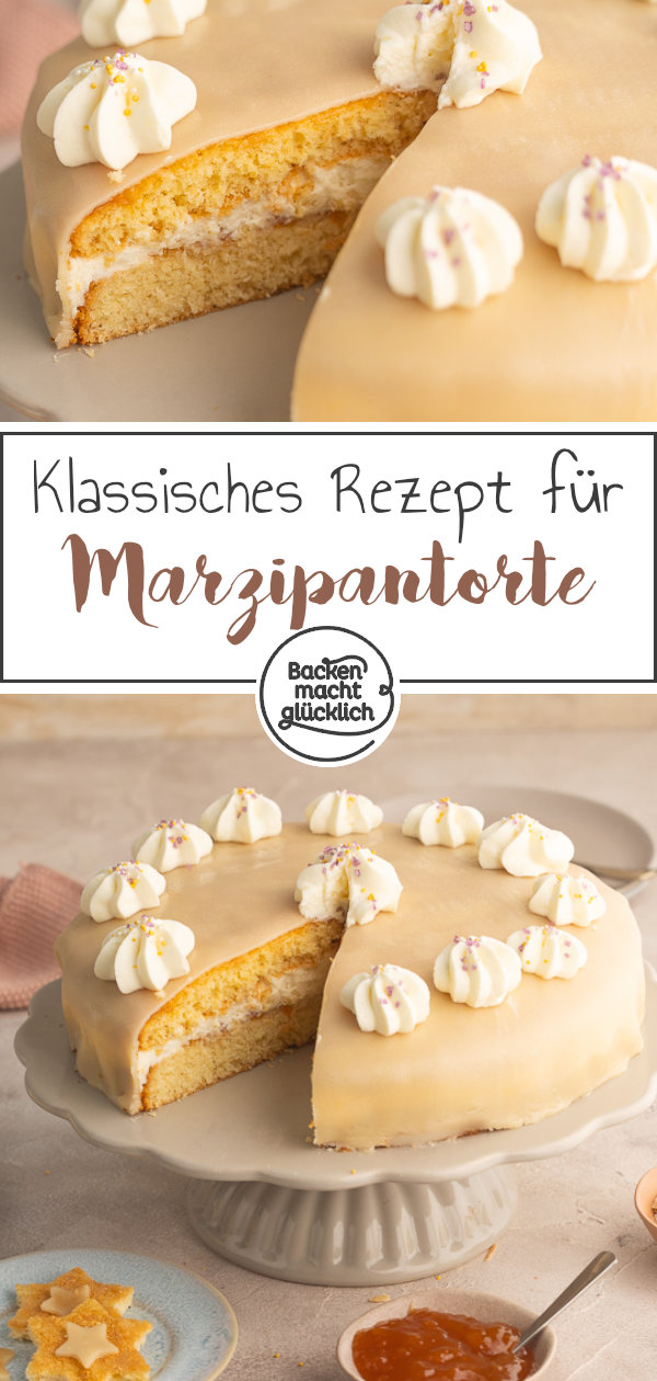 Omas Marzipantorte mit Biskuit und Marzipansahne ist aus gutem Grund so beliebt: einfach, fein & lecker.