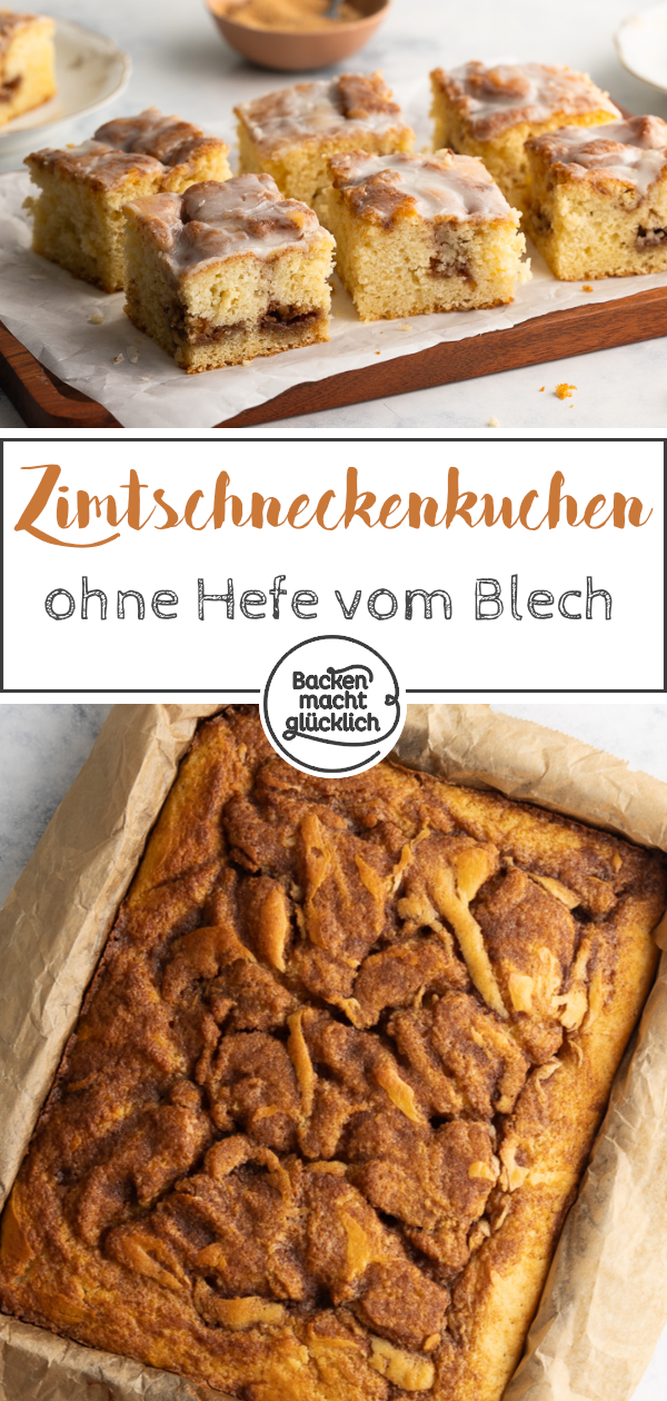 Der beste Zimtschneckenkuchen vom Blech! Ohne Hefe, aus saftigem Rührteig & mit genialem Zimttopping. Einfach, schnell, lecker!